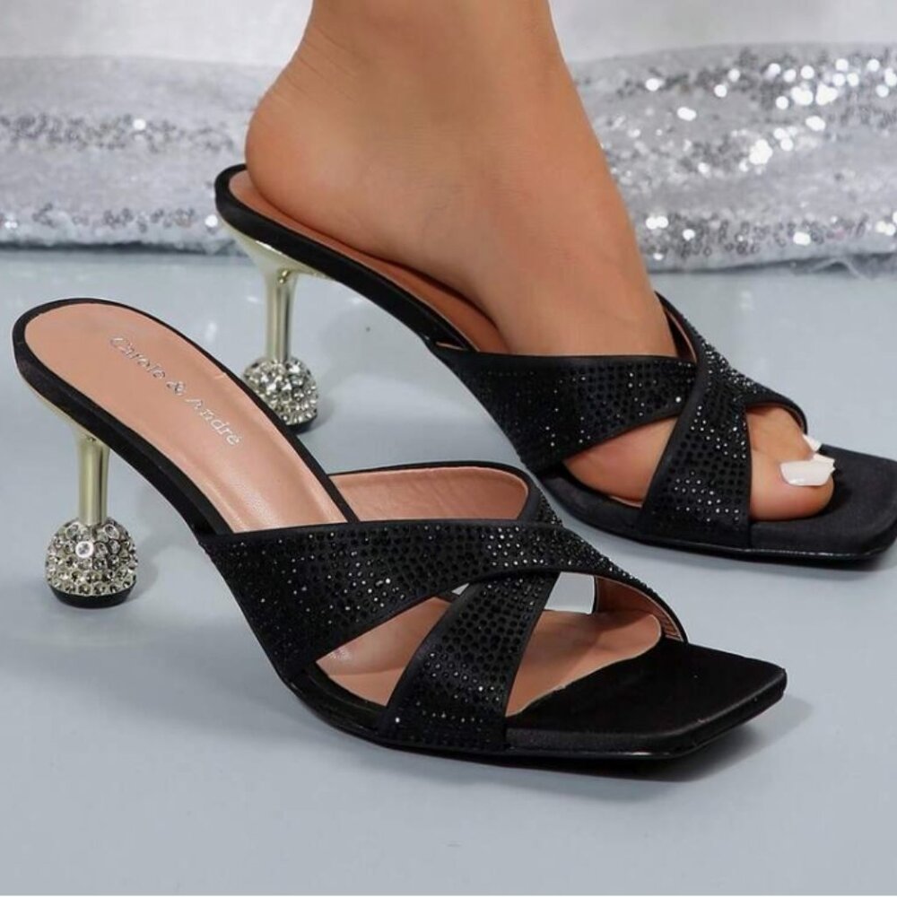 SHEIN Rhinestones Black and Gold Heels (US 7)